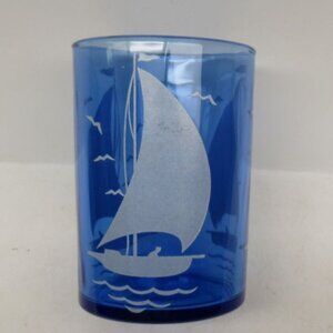 Hazel Atlas Glass Cobalt Blue SAILBOAT SHIPS Straight Sided 3 3/4" 9 Oz Tumbler